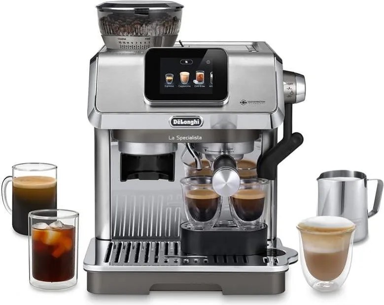 Еспресо машина DeLonghi EC9455.M La Specialista Touch, 1450W, 19 bar, 1.7 л, 4 темп, 5 нива на пяна, 15 степени на смилане, Bean adapt, Сензорен дисплей, Сребрист