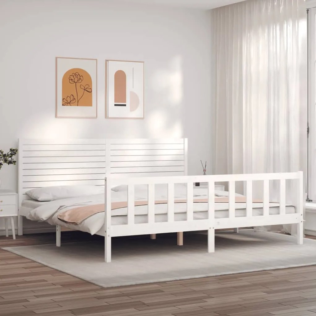 3193222 vidaXL Рамка за легло с табла бяла Super King Size дърво масив