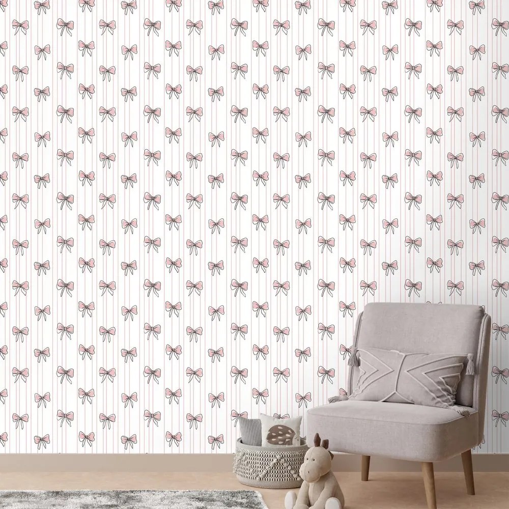 Тапет – Розови панделки на бял фон