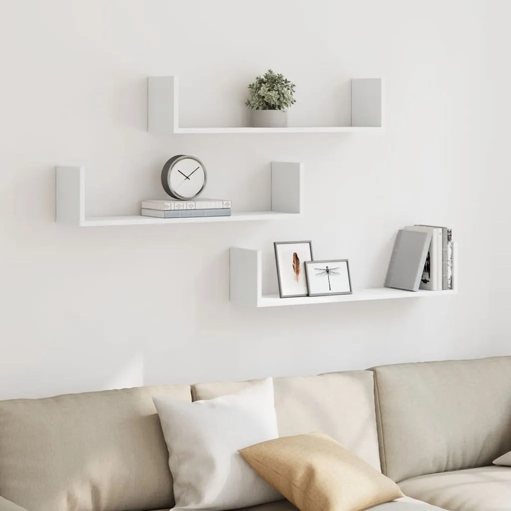 853290 vidaXL Стенни рафтове, 3 бр, бели, 80x18x18 см, инженерно дърво