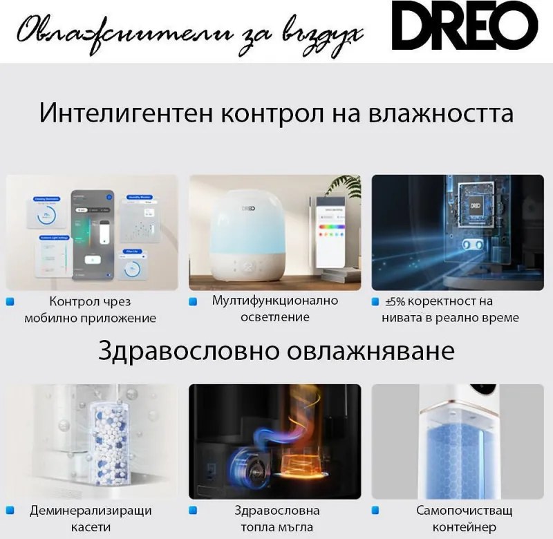 Ултразвуков овлажнител за въздух DREO 420S, До 25 м2, 300 мл/ч, 4 л, Автоматично регулиране, Нощен режим, Таймер, LED, Черен