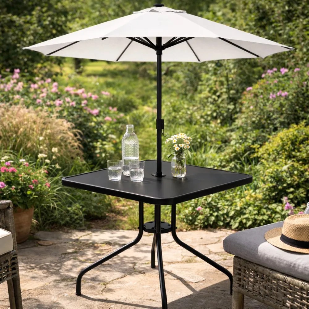 Квадратна градинска маса 80 см с отвор за чадър - черна