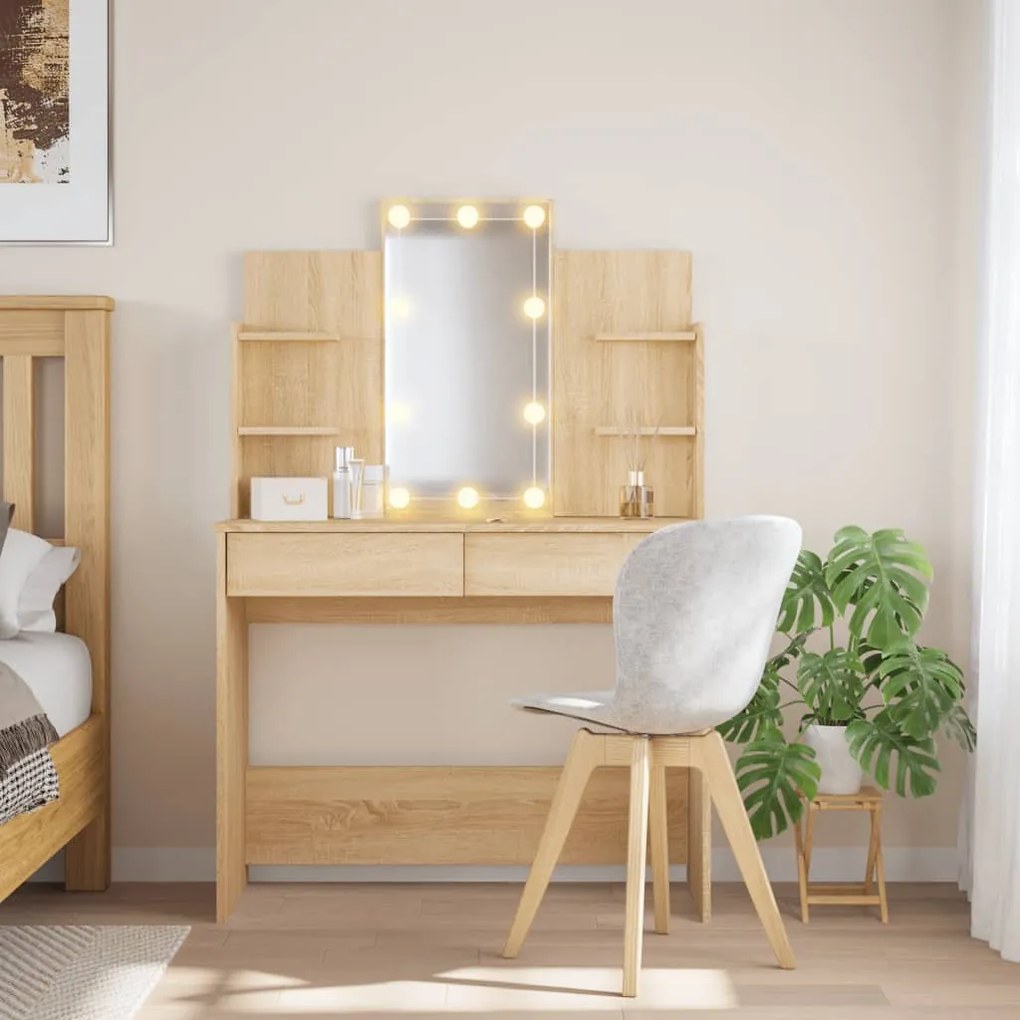837894 vidaXL Тоалетка с LED лампи, сонома дъб, 96x40x142 см