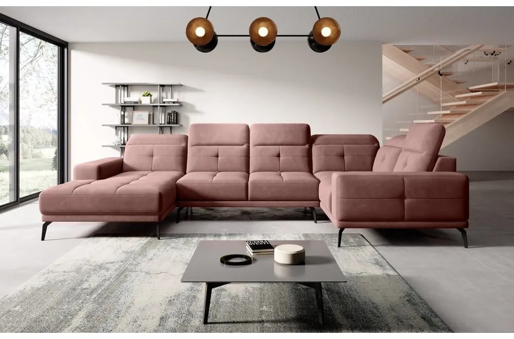Розов кадифен ъглов диван (десен ъгъл/U форма) Neviro – ELTAP