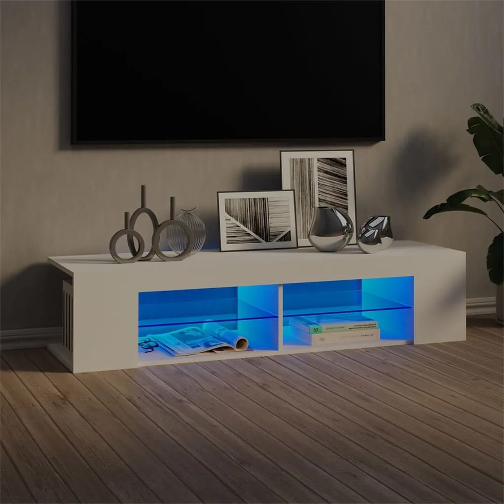 ТВ шкаф с LED осветление, бял, 135x39x30 см