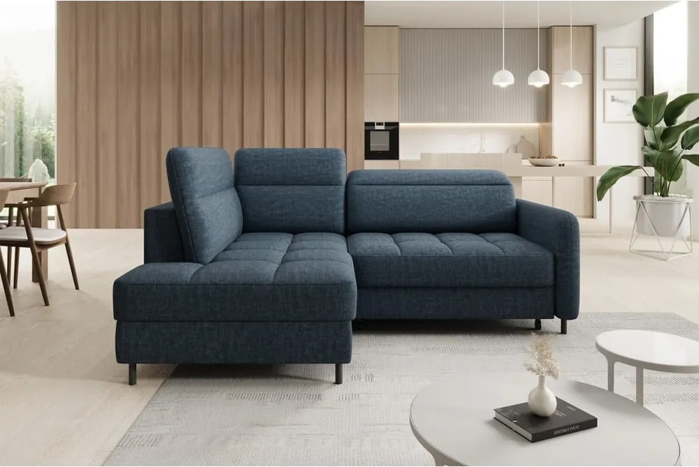 Син кадифен разтегателен ъглов диван с място за съхранение (ляв ъгъл L форма) Barea – ELTAP