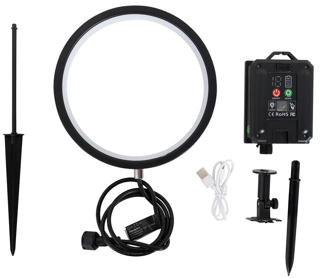 Шпикова лампа черна 50 см с акумулаторна и слънчева LED IP65 - Adalind