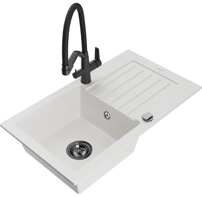 Mexen Pablo кухненска мивка от гранит с 1 отделение с отцедник и кухненски смесител Duo, бял - 6510-20-671701-70-B