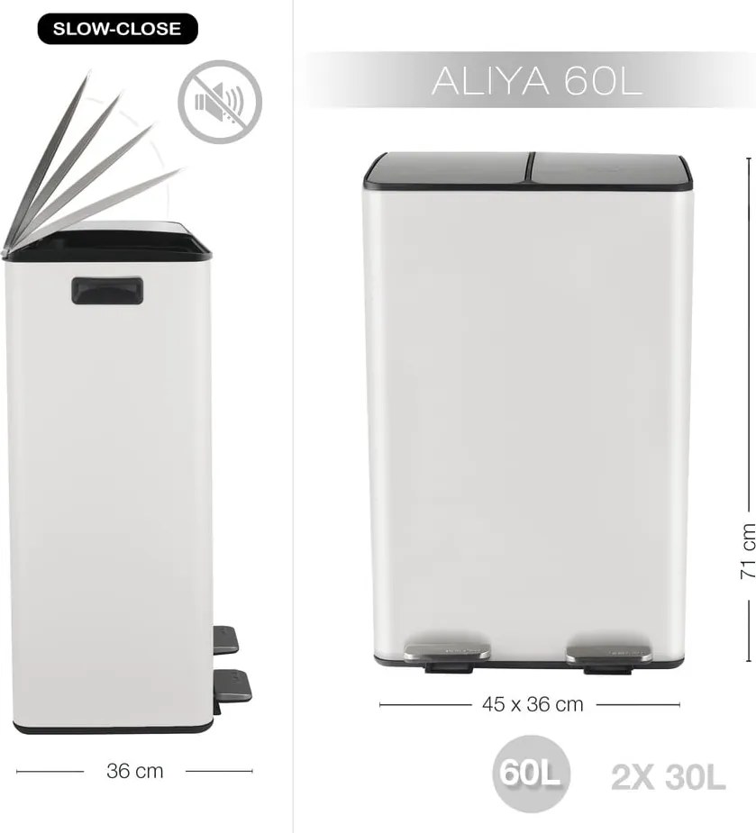 Стоманено кошче за боклук 2x30 l за рециклиране с педал в матово бял цвят Aliya – Spirella