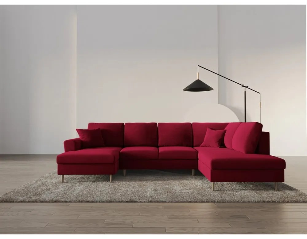 Червен кадифен разтегателен ъглов диван с място за съхранение (десен ъгъл/U форма) Kyoto – Cosmopolitan Design