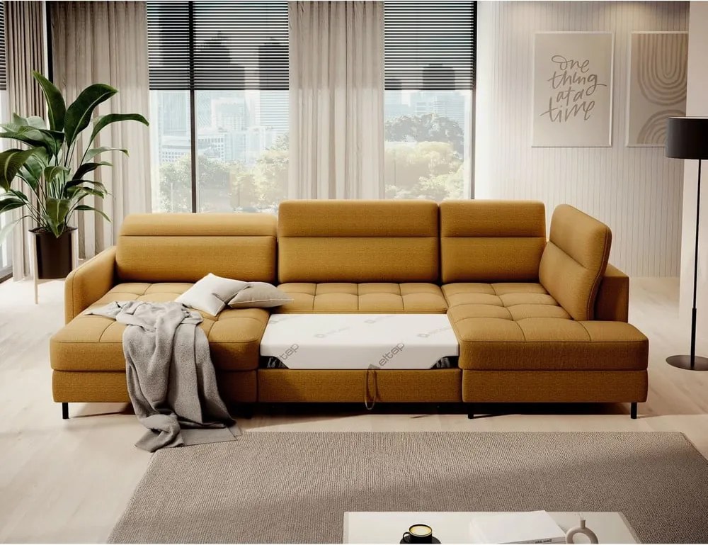 Жълт кадифен разтегателен ъглов диван с място за съхранение (десен ъгъл U форма) Berrto – ELTAP