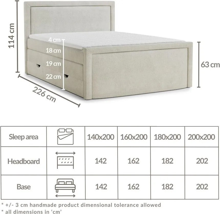 Сиво-бежово боксспринг легло 200x200 cm с място за съхранение Fresco – Maison de Rêve