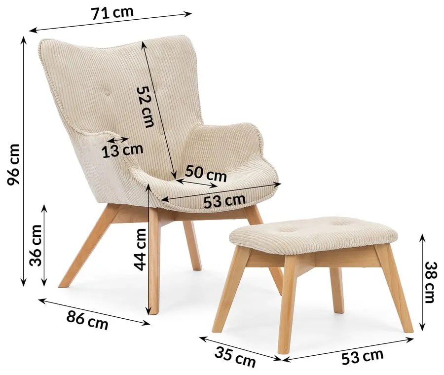 Бежов фотьойл с табуретка от рипсено кадифе Niko – Ropez