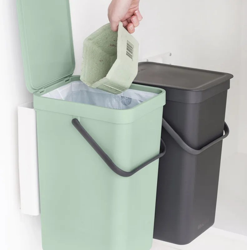 Кош за разделно събиране на боклук Brabantia Sort&Go 1005518, 2x16 л, Монтаж върху врата на кухненски шкаф, Сив/зелен