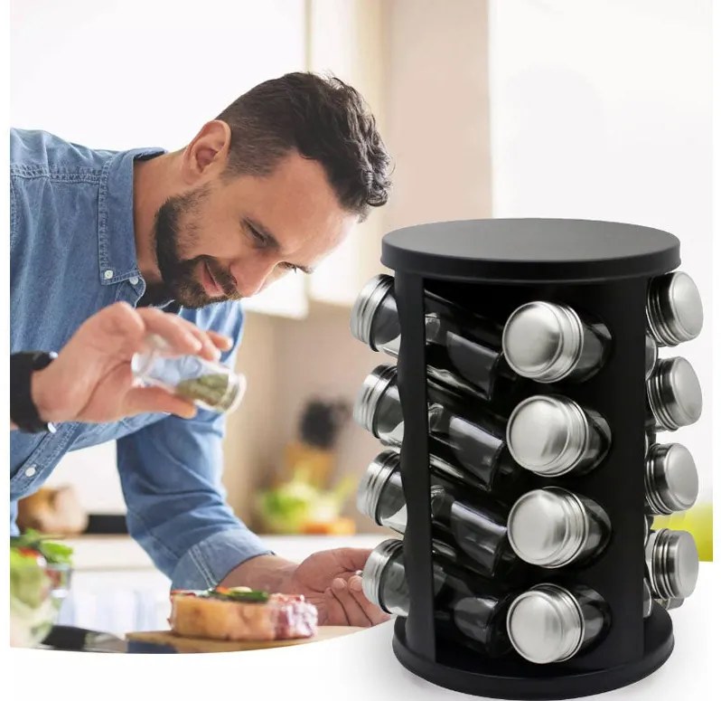 Бурканчета за подправки на стойка ZEPHYR ZP 1217 CR16, 16 бр. бурканчета, 4 нива, Въртяща се основа, Черен