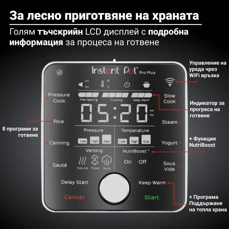 Мултикукър Instant Pot Pro Plus 112020101, 1200W, 5.7 л, 10 програми, WiFi управление, Неръждаема стомана, Черен
