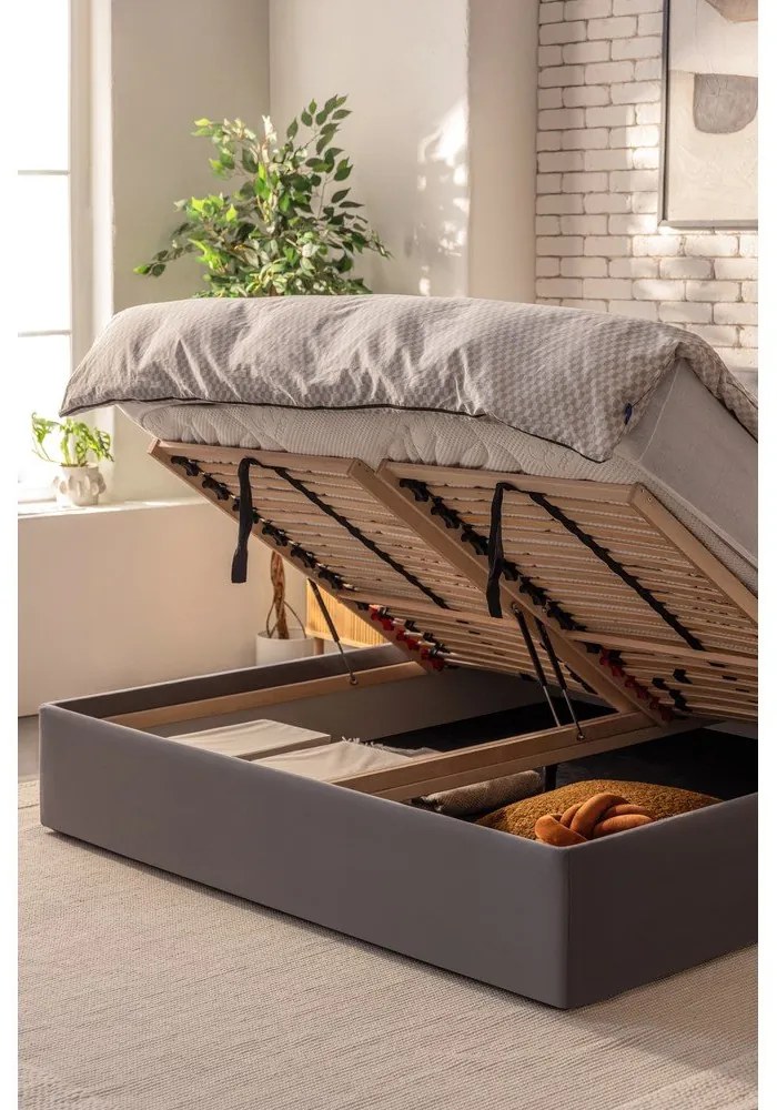 Сиво тапицирано двойно легло с място за съхранение и матрак с решетка 160x200 cm Thessa Bold Line - Bonami Selection