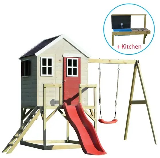 Къща за игра Мy Lodge с платформа, пързалка, кухня и една люлка - 3 цвята