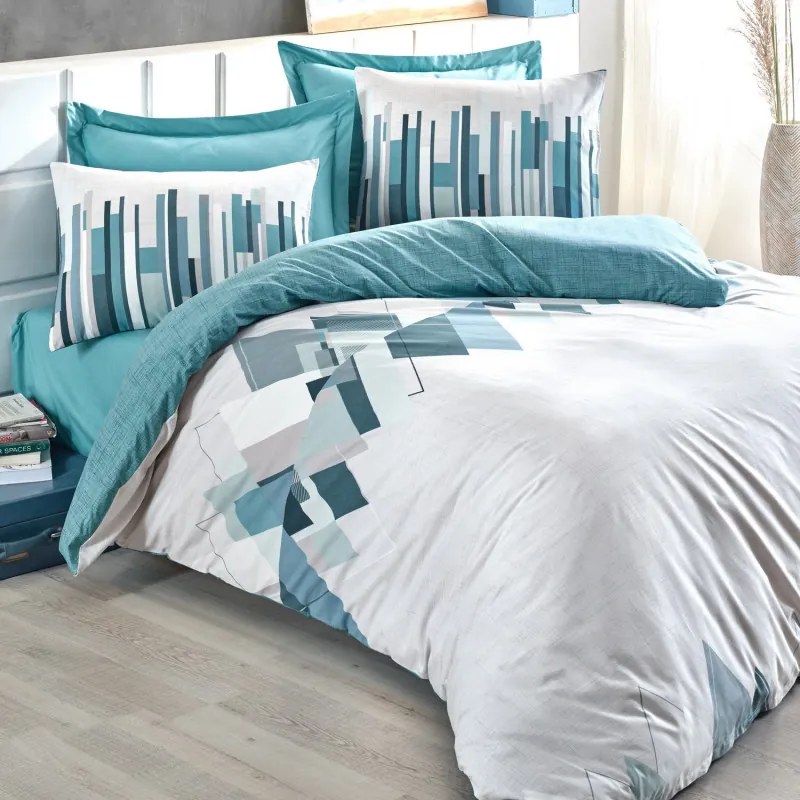 Спален комплект Cotton Box 129CTN2373, 100% памук, З части, Завивка 160х220 см, Чаршаф 160х240 см, Калъфка 50х70 см, Бял/зелен