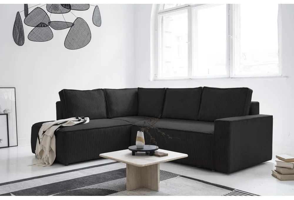 Антрацитен разтегателен ъглов диван от рипсено кадифе (ляв ъгъл) Brave Dave – Miuform