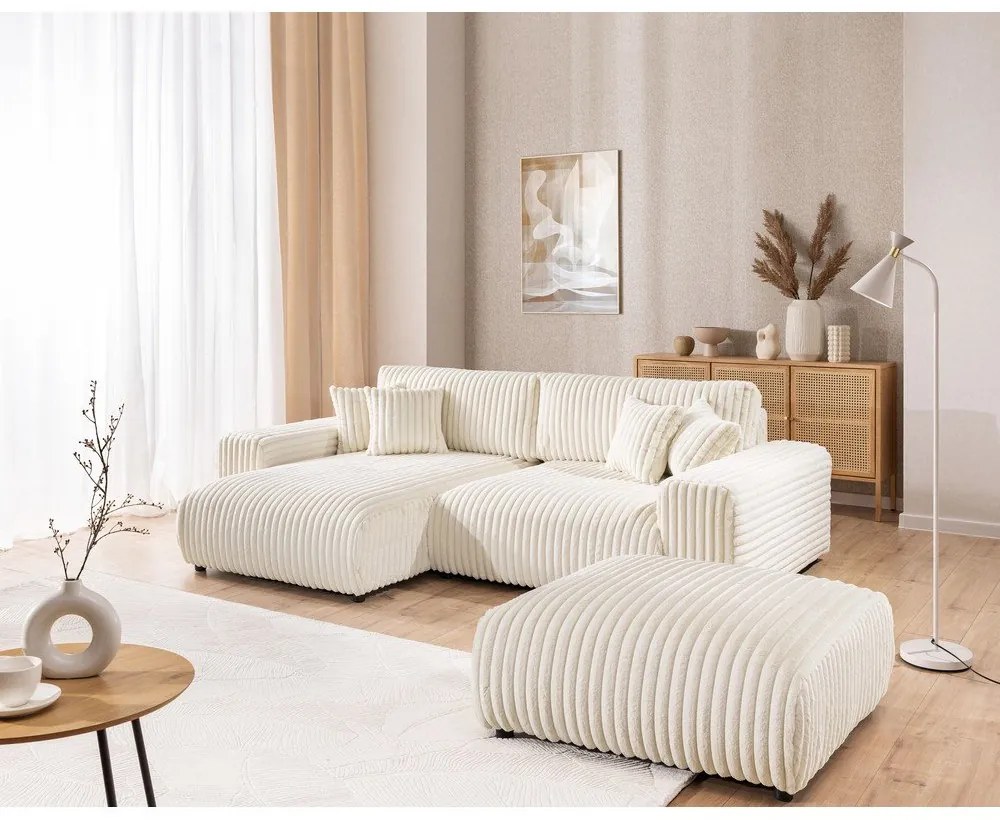 Кремав разтегателен ъглов диван от рипсено кадифе с място за съхранение (ляв ъгъл) Sarina – Ropez