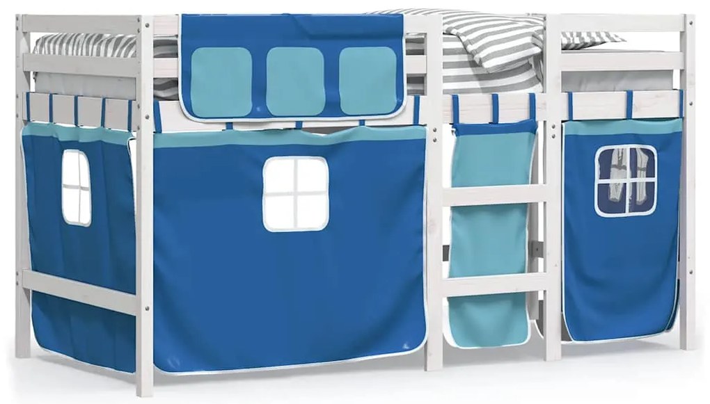 3283830 vidaXL Детско високо легло със завеси, синьо, 90x190 см, бор масив