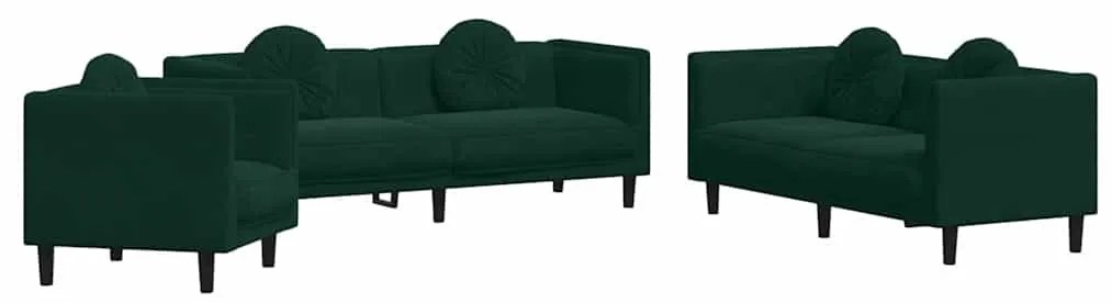 3209249 vidaXL Комплект дивани 3 части с възглавници, тъмнозелен, кадифе