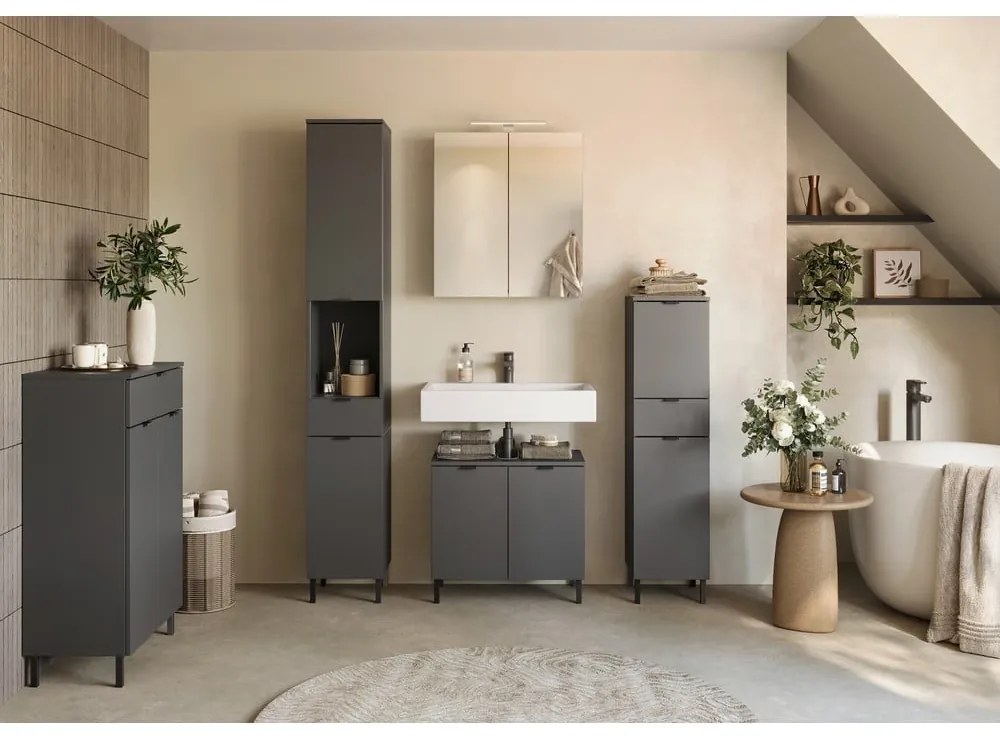 Антрацитен стенен шкаф за баня с огледало 60x71 cm Arcena – Germania