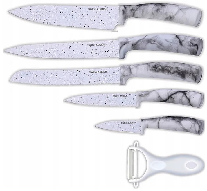 Комплект ножове и белачка SWISS ZURICH SZ 7348, 6 части, Стомана, Бял мрамор