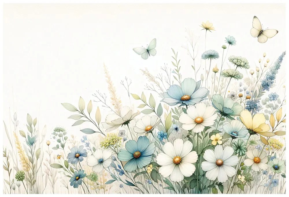 Тапет – Пастелни полски цветя и летящи пеперуди