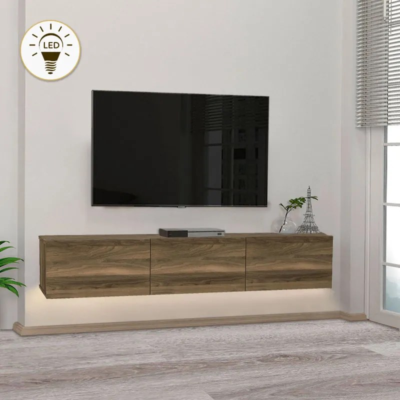 Damla TopMebel меламинов стенен шкаф за телевизор с LED осветление в цвят орех 180x29.5x29.5cm.