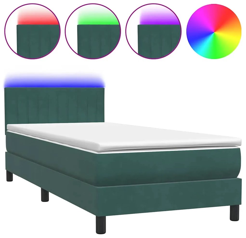 3317052 vidaXL Боксспринг легло с матрак и LED Тъмнозелено 80x210 cm Кадифе