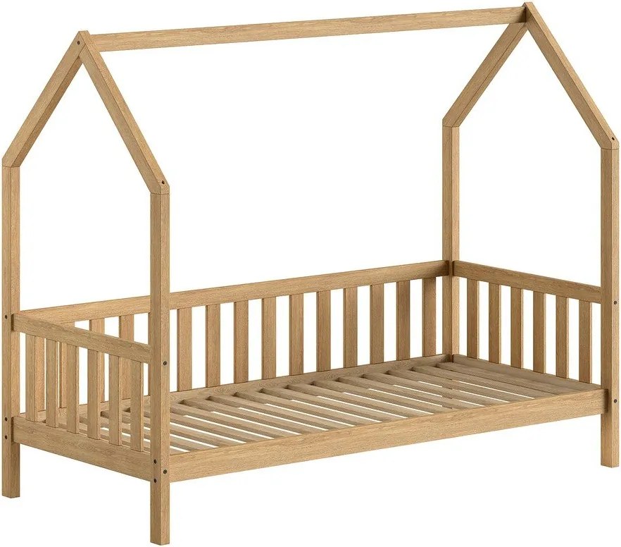 Къща детско легло от масивен дъб с включена подматрачна рамка в естествен цвят 90x200 cm Cabane – Vipack