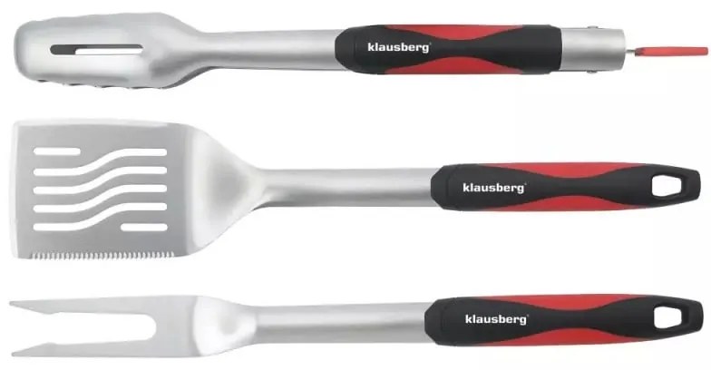 Комплект 3бр прибори за барбекю Klausberg KB 7899, Щипка, Вилица, Шпатула, Отвор за окачване, Неръждаема стомана, Черен/Червен