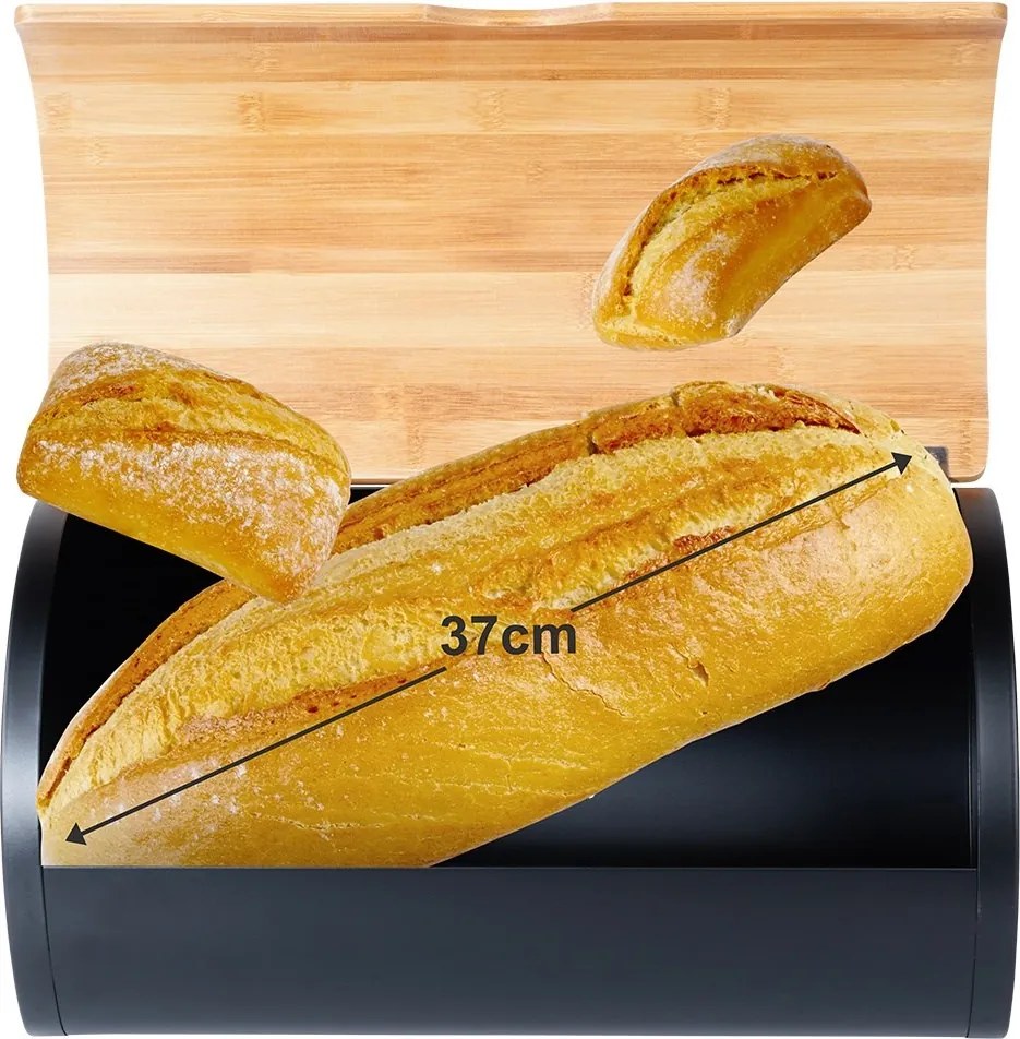 Кутия за хляб от метал и бамбук, здрава конструкция, черен цвят, 38x24x20см