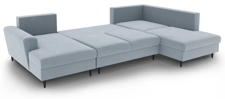Светлосин кадифен разтегателен ъглов диван с място за съхранение (десен ъгъл/U форма) Kyoto – Cosmopolitan Design