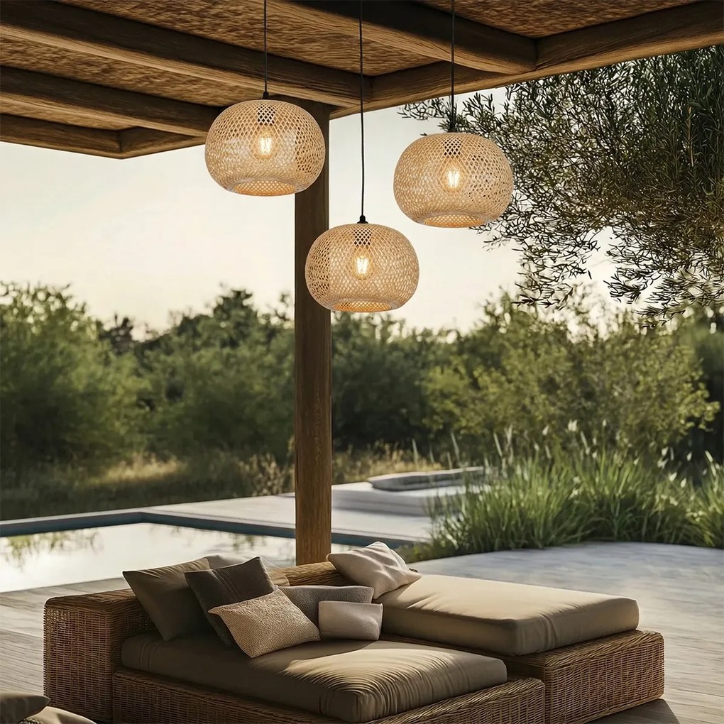 Ориенталски висящ аплик за външен монтаж от бамбук 3-светлина IP44 - Rafael