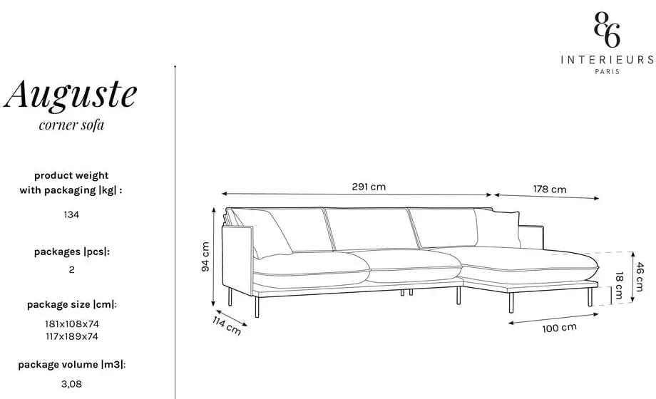 Светлосив ъглов диван с кадифена повърхност, десен ъгъл Auguste - Interieurs 86