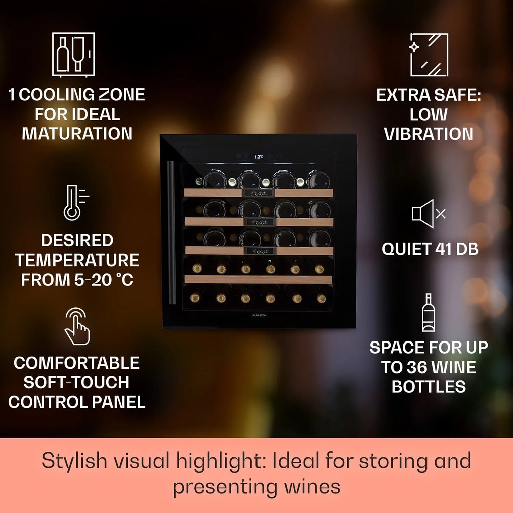 Klarstein Vinsider 36 Built-In Uno, охладител за вино за вграждане, 36 бутилки, 92 литра, неръждаема стомана