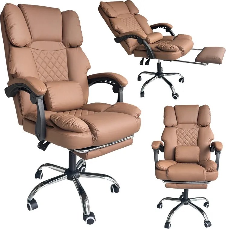 Удобен офис фотьойл с подложка за крака и масаж - кафява екокожа