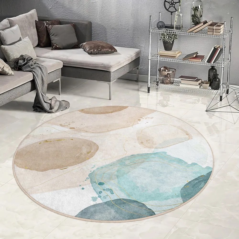 Синьо-бежов кръгъл килим подходящ за пране ø 80 cm Puddle – Mila Home