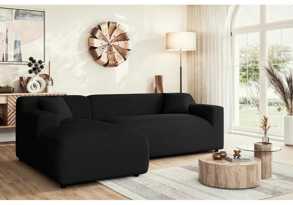 Черен ъглов диван от рипсено кадифе (ляв ъгъл) Martin – Ropez