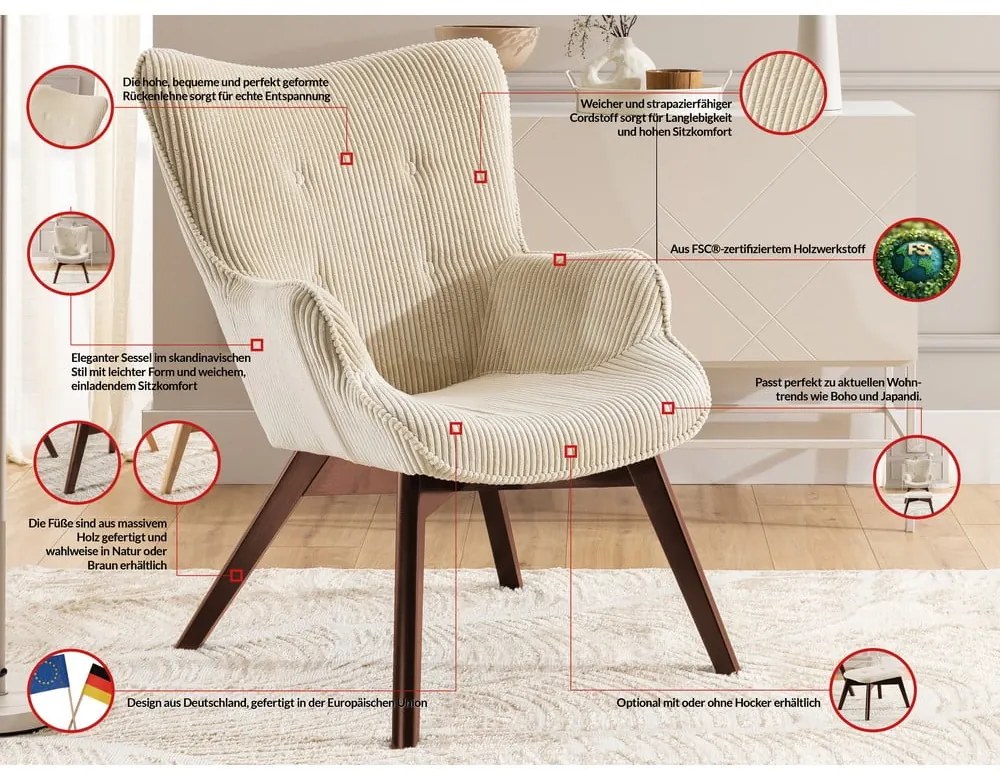 Бежов фотьойл с табуретка от рипсено кадифе Niko – Ropez