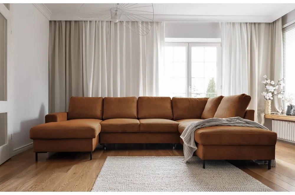 Оранжево-кафяв разтегателен ъглов диван от рипсено кадифе (десен ъгъл) Lofty Lilly – Miuform