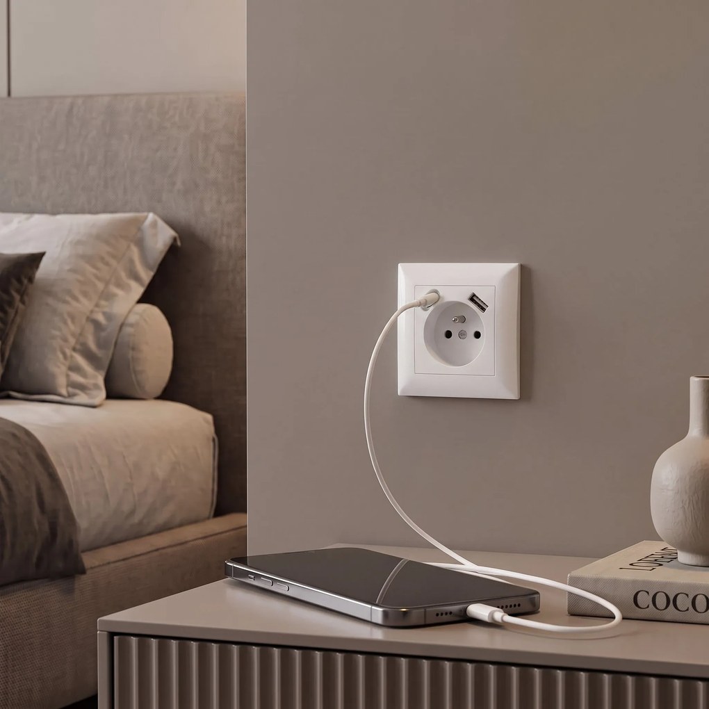 Единичен контакт със заземяване + USB-A USB-C OSTE JNH004-G White