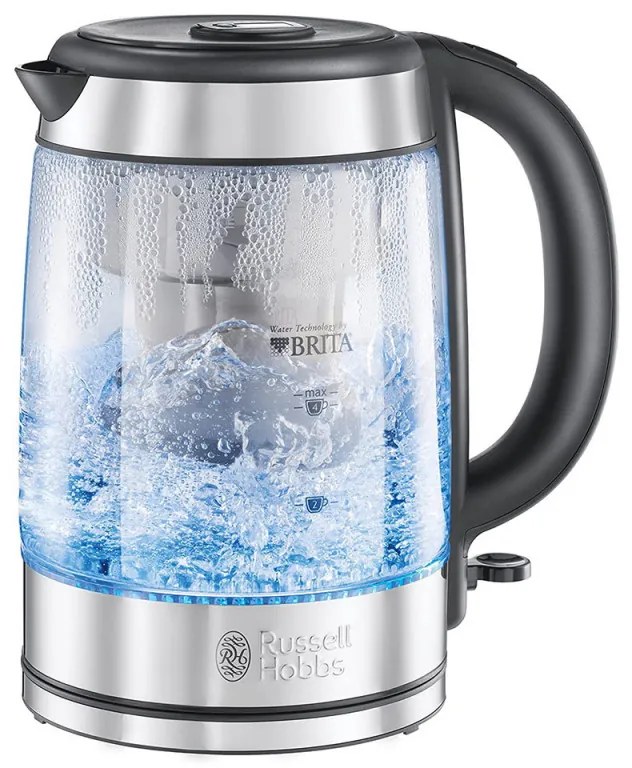 Стъклена електрическа кана с филтър Russell Hobbs Clarity 20760-57, 2200W, 1L, Осветена, Скрит нагревател, SCHOTT DURAN, Филтър BRITA, Инокс