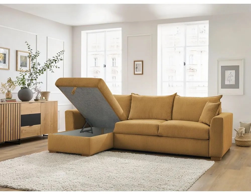Жълт разтегателен ъглов диван от рипсено кадифе (променлив) Augustin – Bobochic Paris