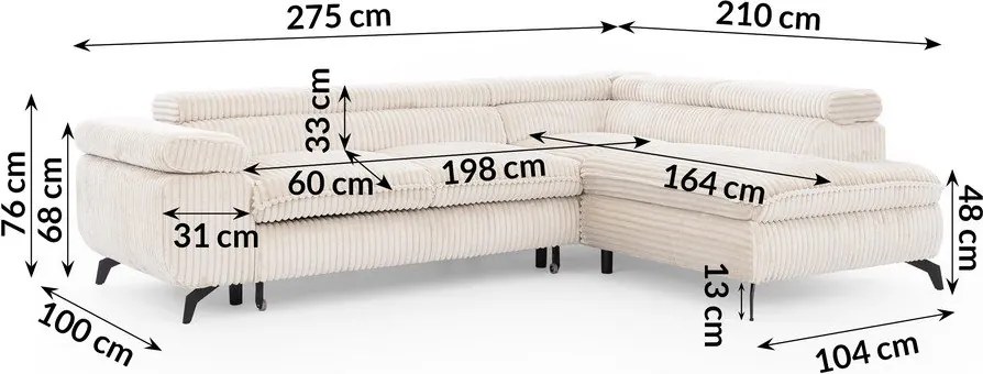 Кремав ъглов диван от рипсено кадифе (десен ъгъл L форма) Marbeya – Ropez