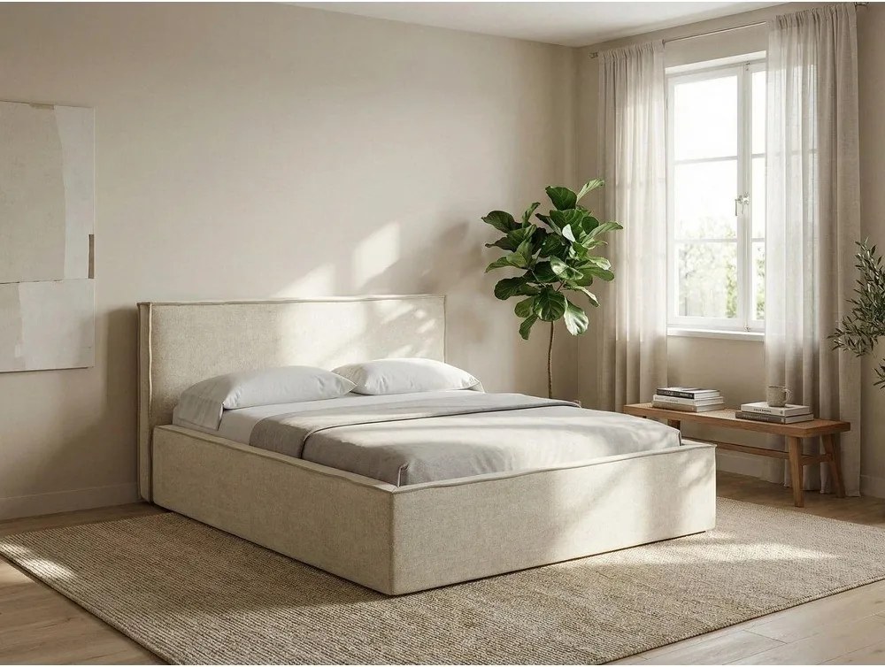 Двойно легло кафяво-сиво тапицирано с място за съхранение и включена подматрачна рамка 140x200 cm Anani – Makamii