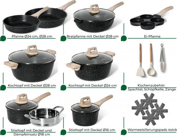 Разопакован: Комплект тенджери и тигани Just Perfecto JL-722, 21 ч, Отливка, Мраморно покритие, Индукция, Съд за готвене на пара, Аксесоари, Черен